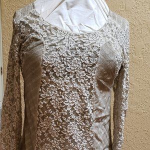 Fleur De Lis, Dark cream/Light Olive, fabric/lace, long sleeve. Size XL